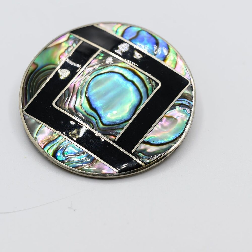 Art Deco Abalone inlay Enamel Pendant Brooch Geometric Pin